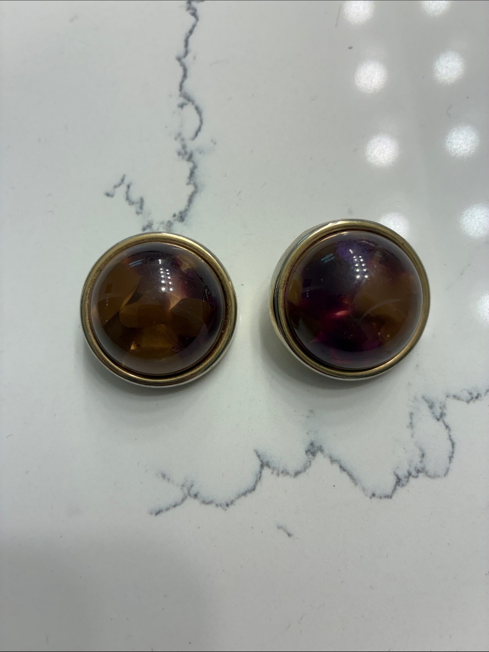 Vintage Italian Gold-Tone Purple Amber Dome Clip-On Earrings